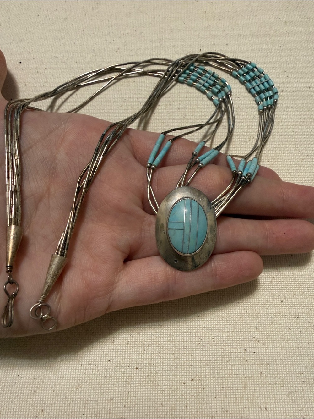Navajo Native Sterling Silver Turquoise Inlay Multi-Strand Necklace 23’